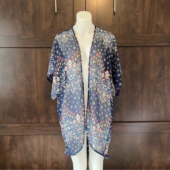 ANNIANNA Sheer Patterned Shawl/Kimono Top, Blue/Multi-colour, S - Picture 2 of 10
